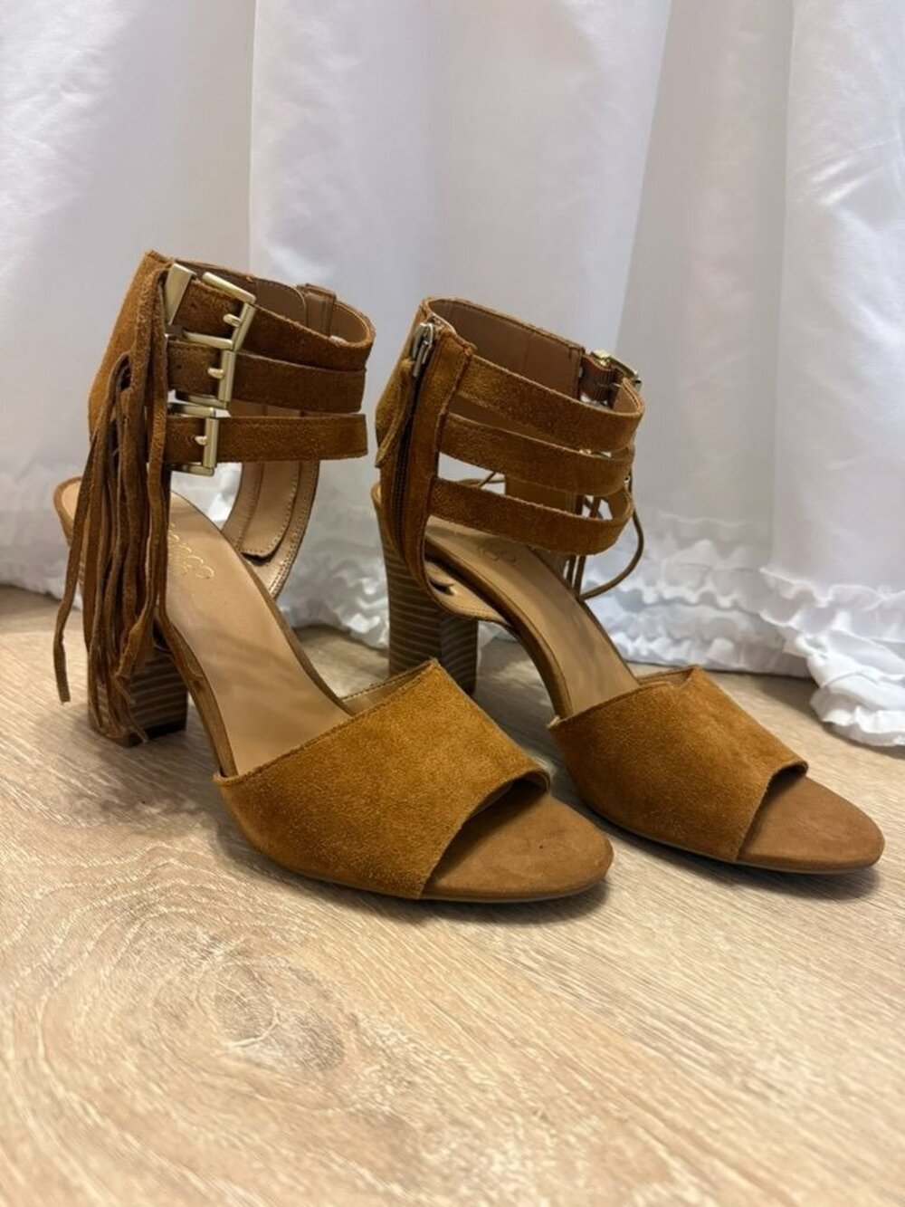 Franco Sarto Brown Suede Fringe Heeled Sandals Buckle Straps Size 10 M